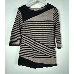Dana Buchman Womens Black & Beige Striped Shimmer Knit Top Size Large 3/4 Sleeve